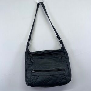 Dark Blue Greyish Leather Multi Pocket Shoulder Bag Purse Handbag Vintage
